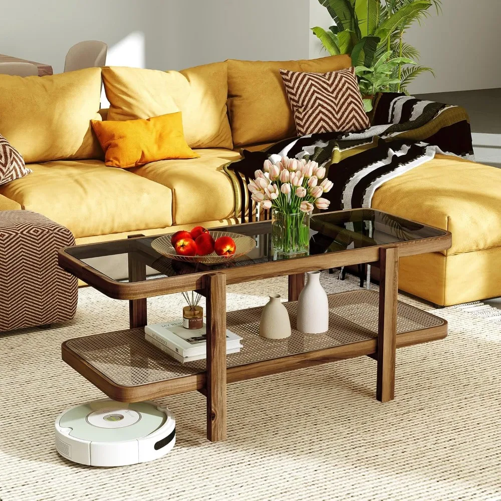 Rattan Coffee Table, 47.5”L Boho Cocktail Tables, 2-Tier Center Table with Tempered Glass Tabletop, PE Rattan Shelf & A