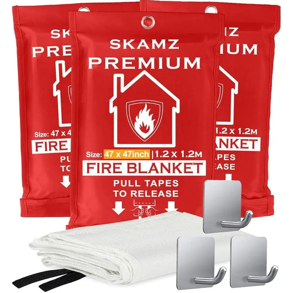 Emergency Fire Blanket XL 47 x 47 3 Pack Heavy Duty Fireproof Blanket Welding Blanket with Hooks Fiberglass Protection Home