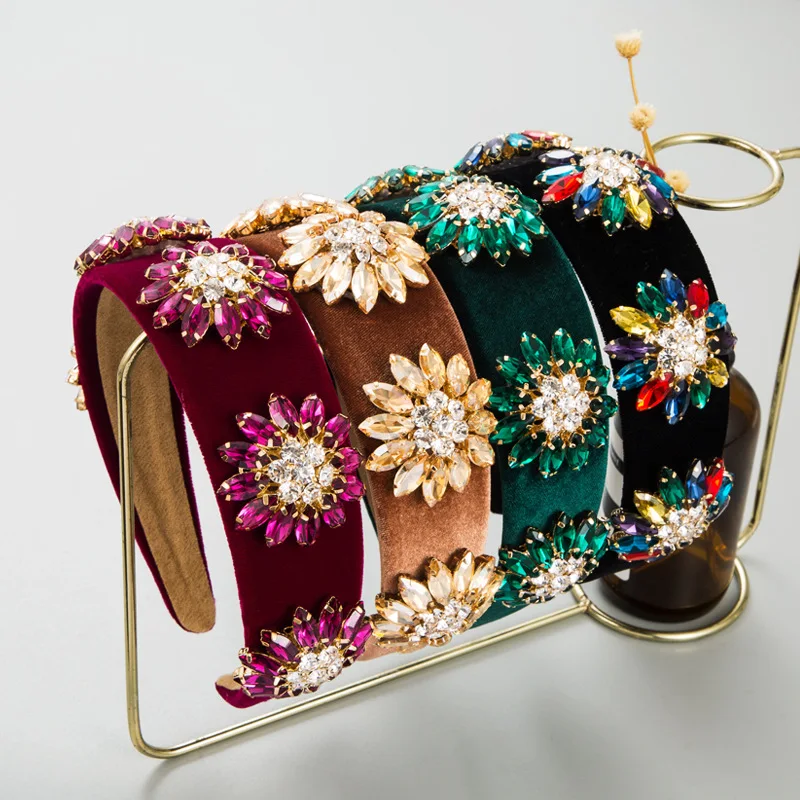 

Baroque Velvet Padded Headband Luxury Rhinestone Sunflower Hairband Heavy Handwork Prom Party Wedding Hair Accessories