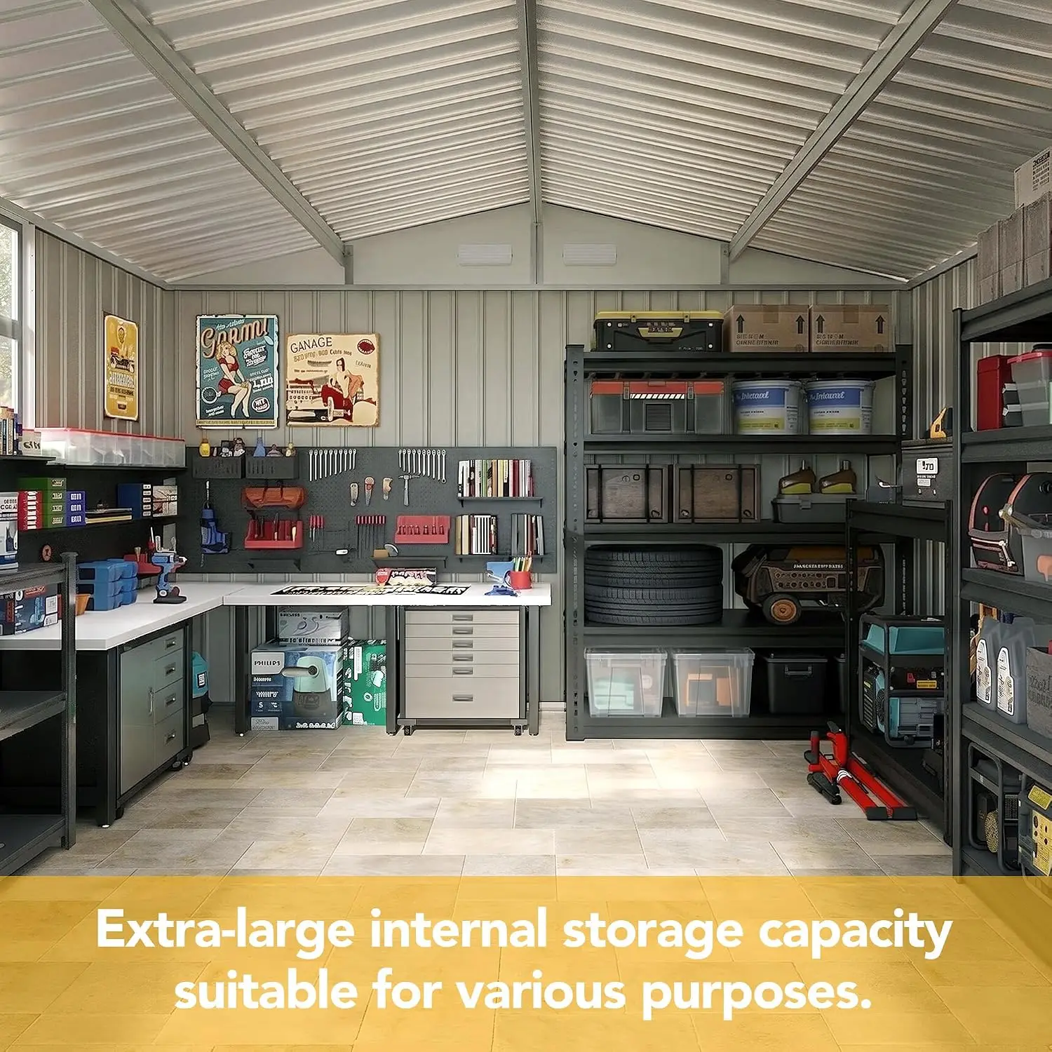 10x10FT Outdoor Storage Hut Tool Shelter Sloped Roof Lockable Entry Galvanized Metal Backyard Garden Patio Lawn Brown