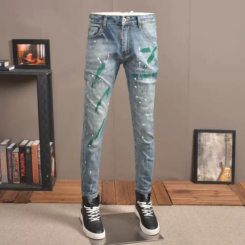 Fashion Streetwear Men Jeans Retro Blue Elastic Slim Fit Ripped Jeans Men Vintage Trousers Painted Designer Hip Hop Pants Hombre