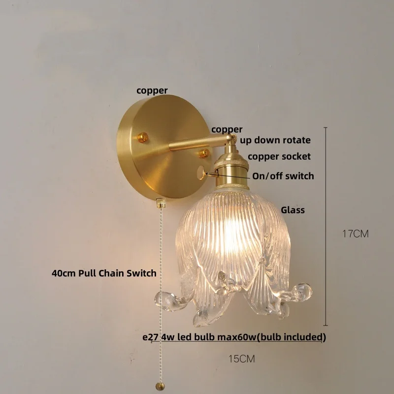 IWHD Pull Chain Switch LED Wall Lights Restaurant Aisle Hallway Up Down Rotate Vintage Clear Glass Home Decor Wall Lamp Sconce