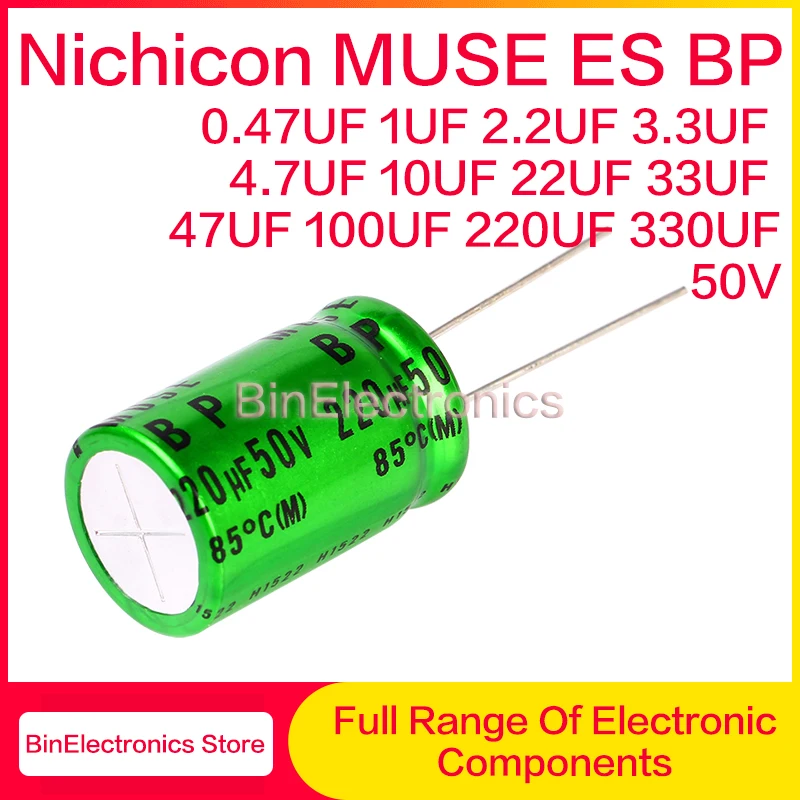 Imagem -02 - Capacitor Audio Hifi de Nichicon Muse es bp 50v 0.47uf 1uf 3.3uf 4.7uf 10uf 22uf 33uf 47uf 100uf 220uf 330uf 50v Verde 10 Peças