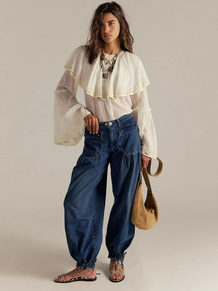 Retro Washed Slim Fit Casual Straight Leg Jeans Drawstring Cuffed Long Pants Women's Loose Fit Comfortable Classic Blue Jeans