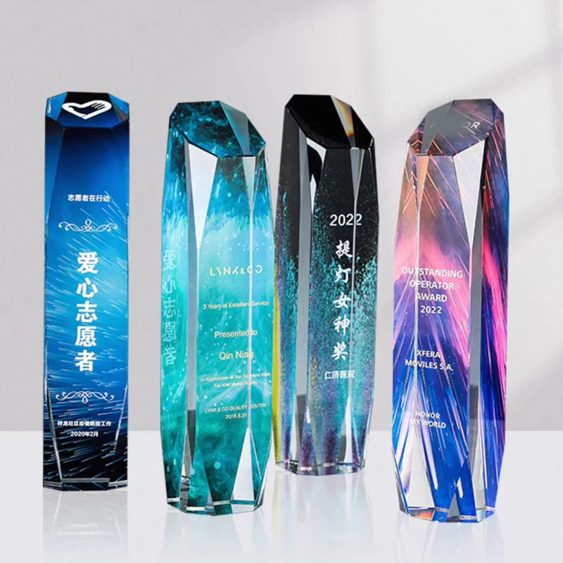 Customized High-end Crystal Trophy, Colorable Printing Column Shape Medal, Excellent Staff Reward, Home Decoration Souvenir, 1Pc
