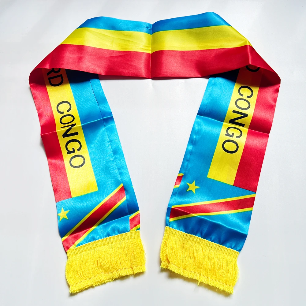 2026 Congo Scarf 14x135cm Double-sided Printed Satin Congo Flag Scarf Tassels for Football, Sports, Events