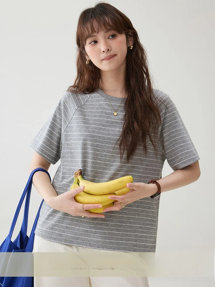 

AMUU Original Japanese ey Striped oulder Insert T-irt Women's Loose Slimming Summer New Sle Cotton Polyester Blend