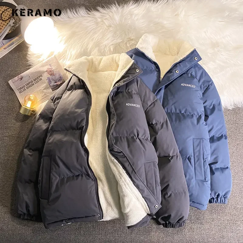 Parka de lã extragrande para homens e mulheres com gráfico com letra, baggy quente, jaquetas casuais, casaco coreano, engrossar, unissex, inverno,