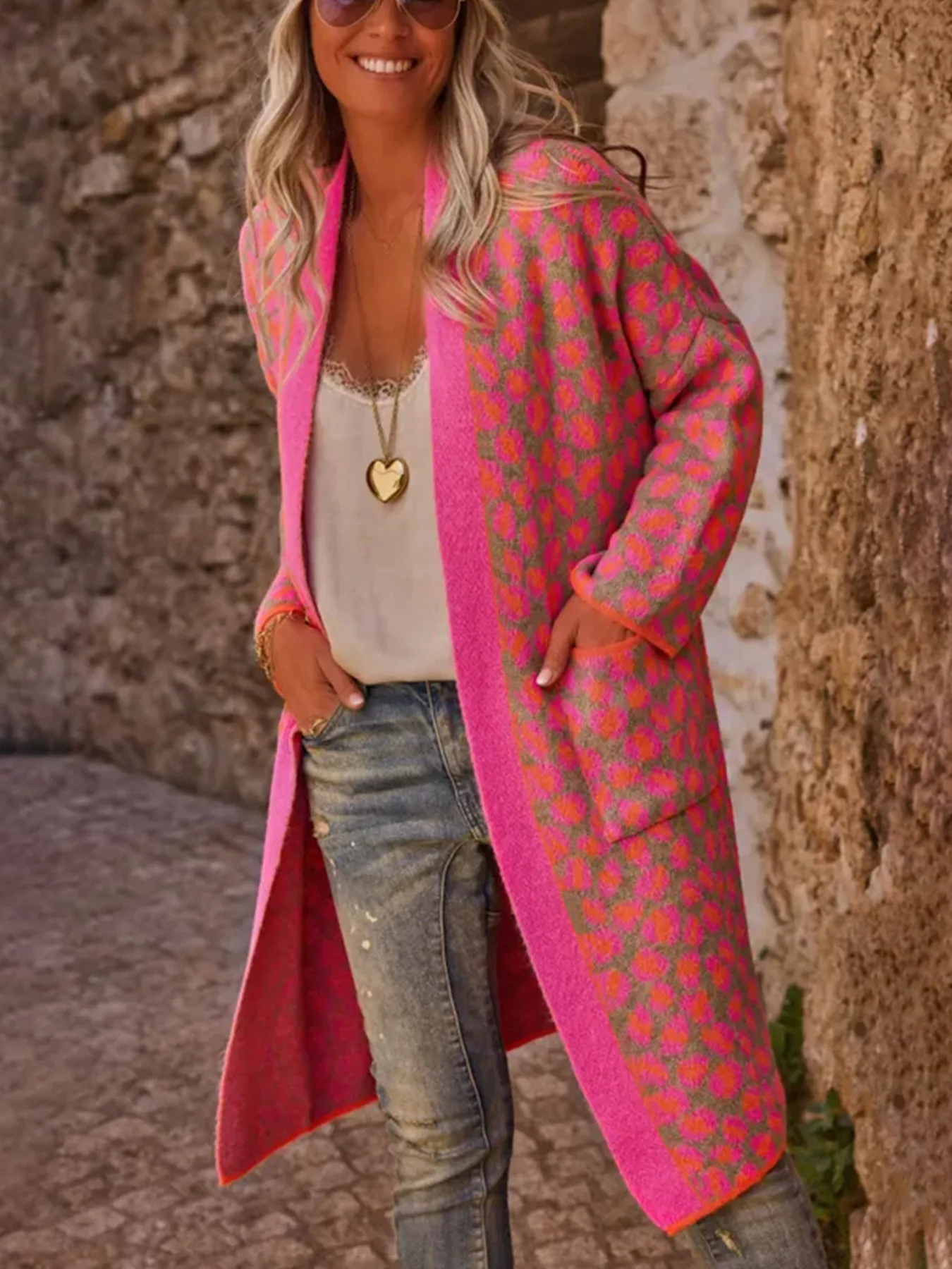 2025 جديد الخريف الشتاء المرأة سترة مشغولة من الصوف موضة اللون حجب ليوبارد طباعة كم طويل مع جيب سترة طويلة سيدة #2