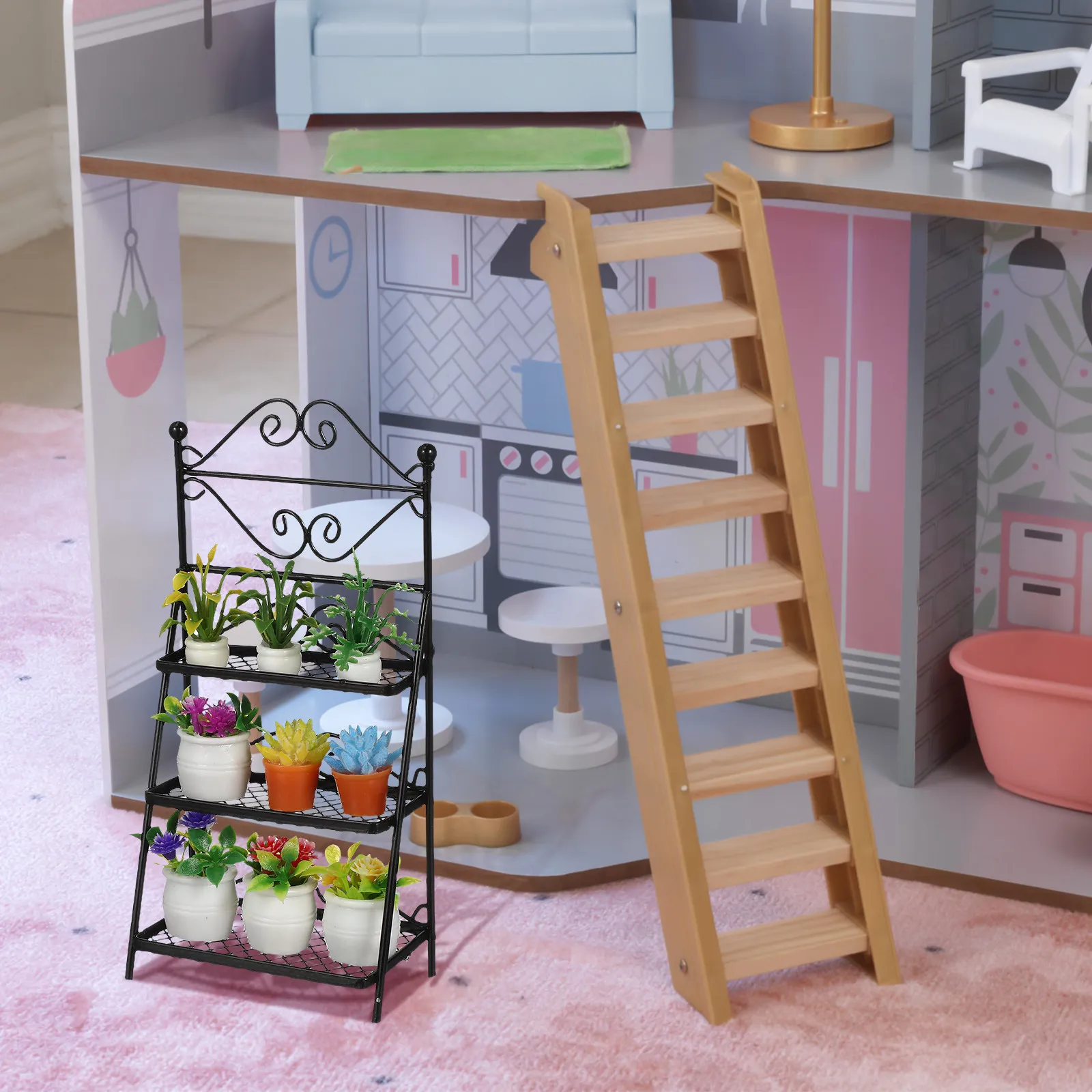 

Миниатюрная железная подставка для цветов, декоративная полка для миниатюрных комнатных растений, прочный износостойкий аксессуар для мини-мебели