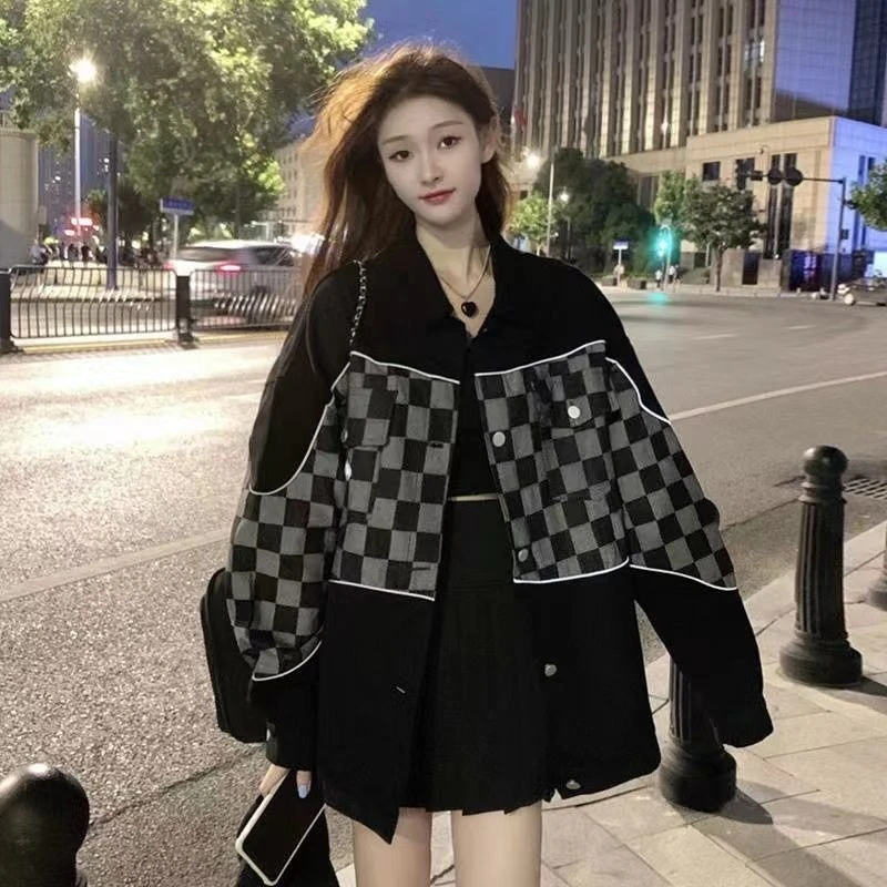 

Women's Vintage Checkered Denim Jacket-street Style Hip-hop Fashion Trendy & Unique Design Casual Streetwear For Spring/autumn