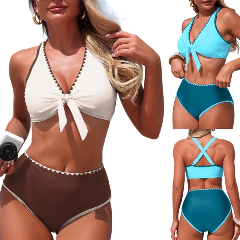 

2026 Two Piece Women Bikini Swimsuit Set Tie Knot Front Low-waist Swimwear V-Neck Crisscross Back Bathing Suit