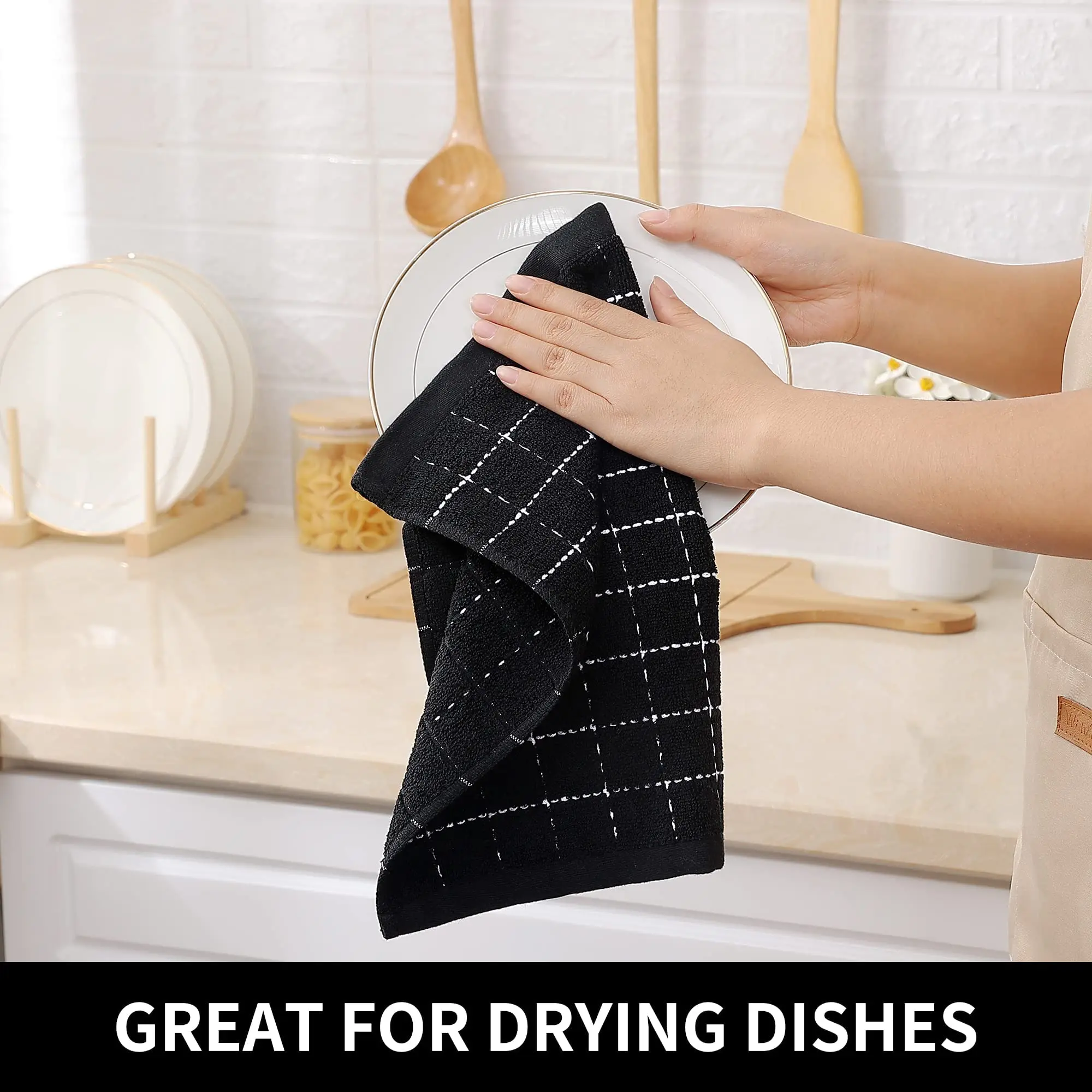 Homaxy 100% Cotton Terry Kitchen Towels Dish Cloths Checkered Designed Super Soft Absorbent Dish Towels 8 Pack Black Dish Cloths