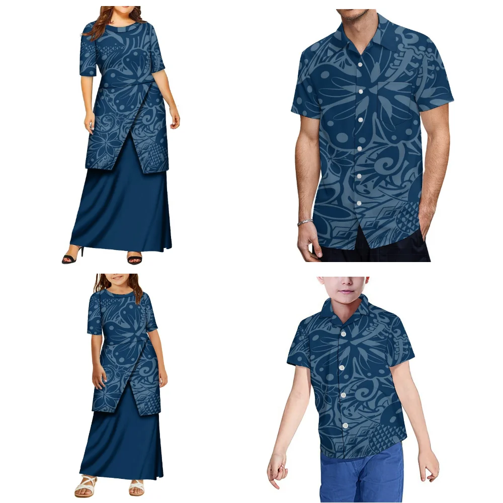 Madre hija Puletasi padre hijo Casual camisa de bolsillo traje polinesio vestido 2025 nuevo estilo conjunto familiar personalizado