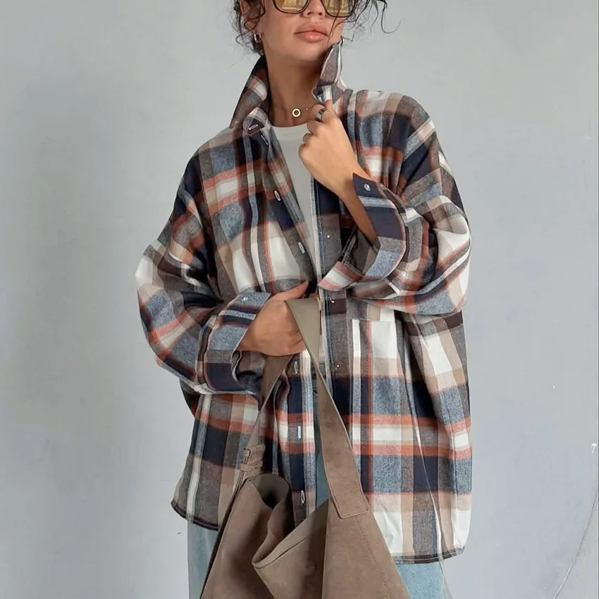 

Винтажная клетчатая осенняя женская рубашка с отложным воротником и пуговицами, свободная блузка для женщин, стильная женская рубашка для отдыха