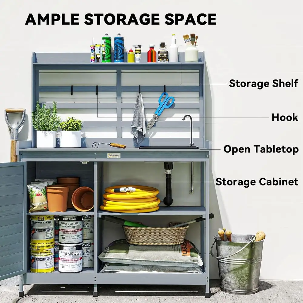 Mesa de banco para macetas de madera con fregadero y grifo de agua, estación de trabajo de jardín con gabinete de almacenamiento, estantes de almacenamiento para patio trasero, patio
