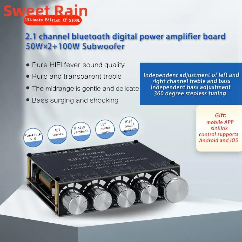 Hipidiy s100l 5.0 ערוץ 2.1 כוח אודיו סטריאו מגבר לוח 50wx2 + 100w טרבל בס טרבל