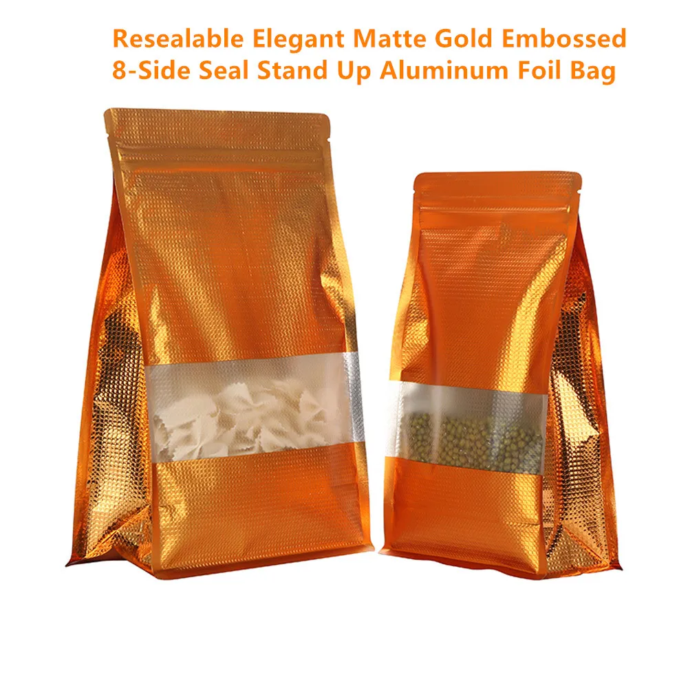 

100pcs Matte Gold Embossed 8-Side Seal Stand Up Aluminum Foil Pouch, Self-Sealing Resealable Bag for Coffee, Tea, Nuts Packaging
