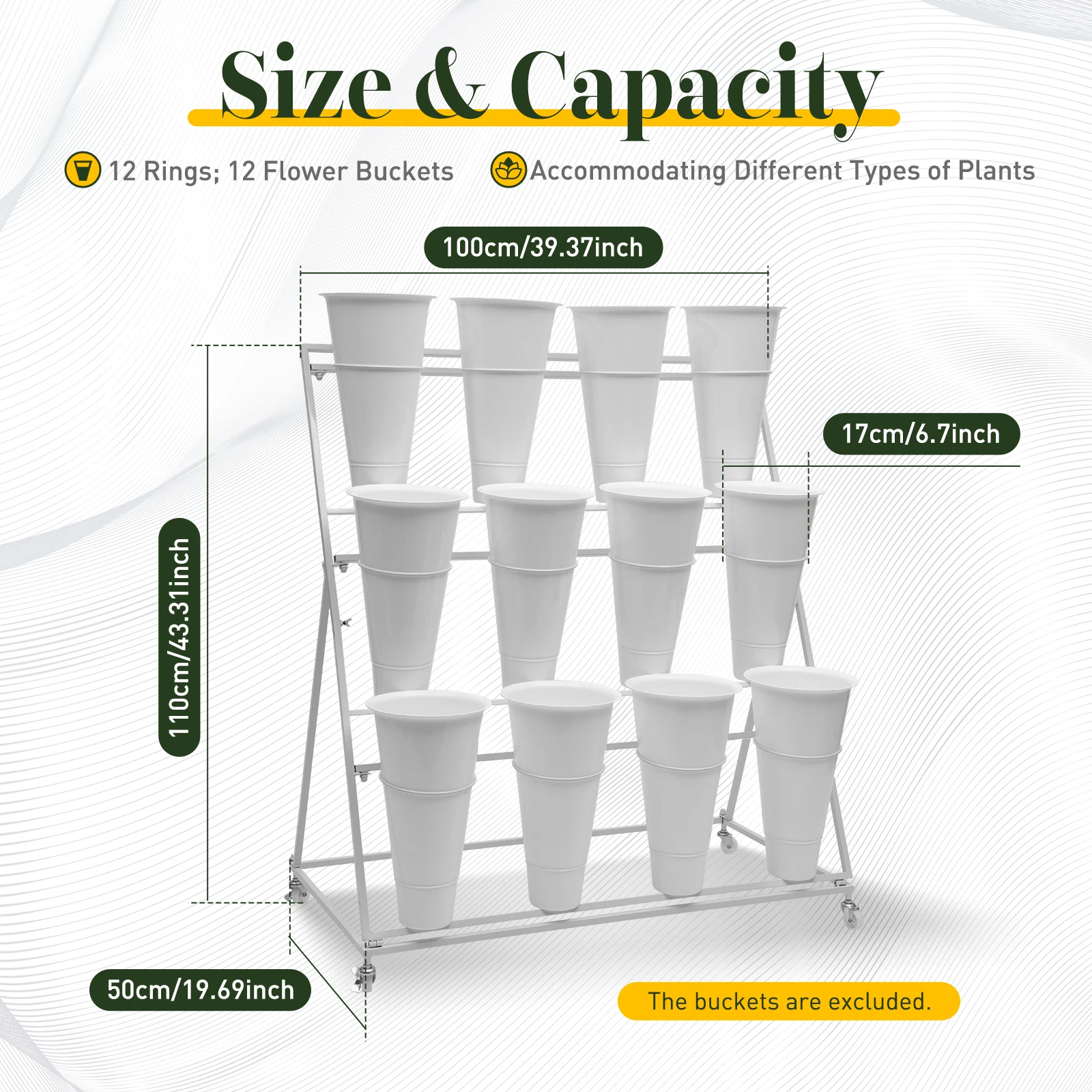 

Three-layers Flower Display Stand With 12 Flower Buckets Flower Pant Organization Rack with Universal Wheels