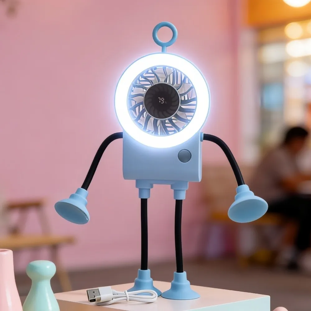 

USB Rechargeable Robot Suction Cup Fan Quiet Operation Flexible Bendable Portable USB Fan Digital Display 5 Speed Adjustable