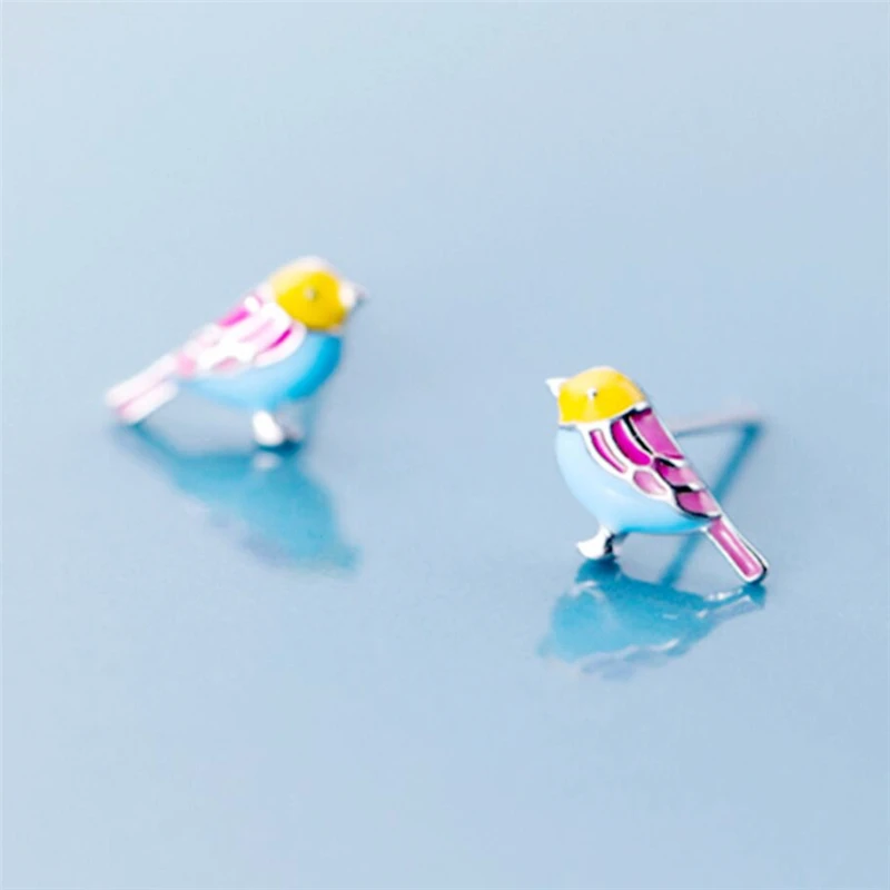 Sole Memory Cute Colored Dripping Glaze Bird 925 Sterling Silver Fashion Female Stud Earrings EA825
