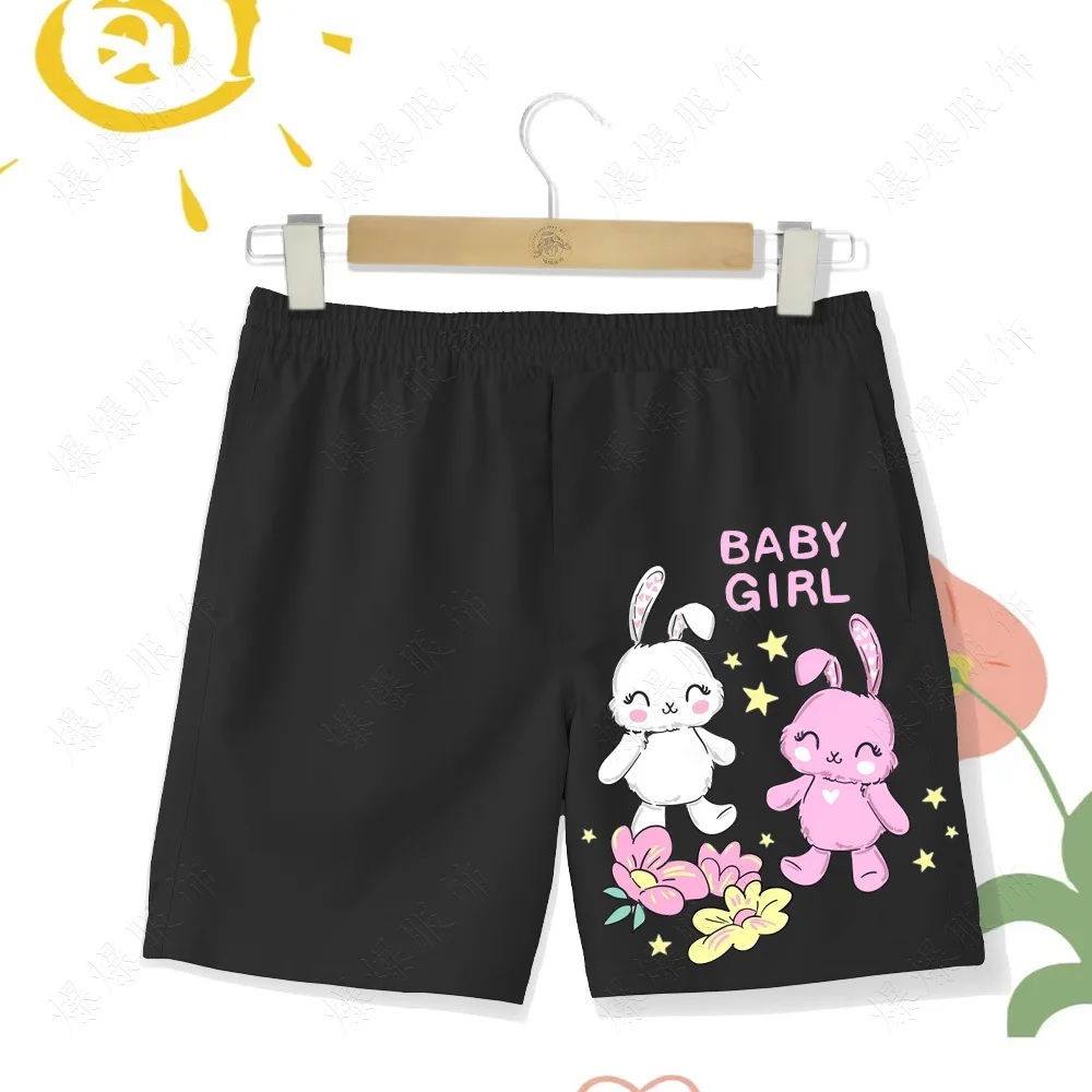 Cute Wind Kids Girls Swim Beach Pants Kawaii 2d Bunny Girls Print Hawaiian Beach Vacation Shorts Elastic Belt Pocket beach pants