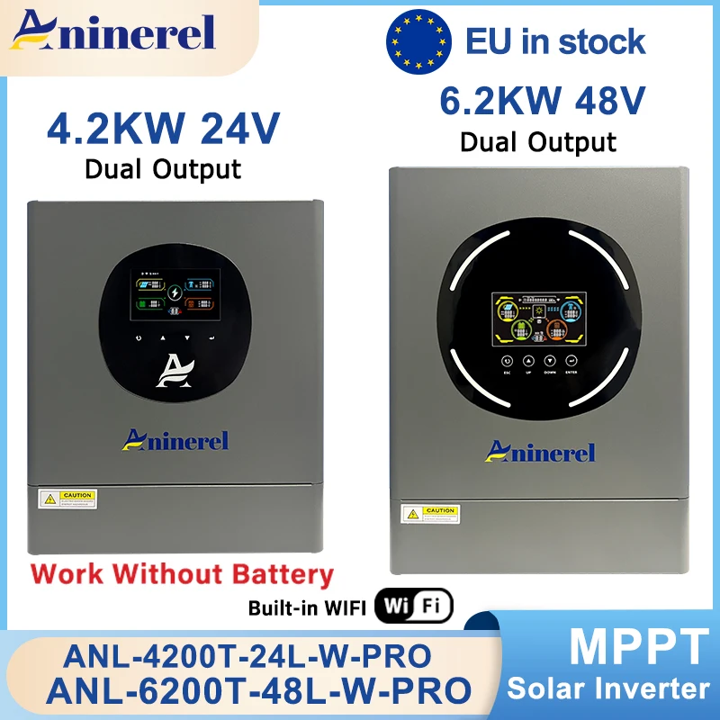 Aninerel 6.2kw 48V 4.2KW 24V Inverter solare ibrido Display LCD a colori a doppia uscita Off/On grid Inverter MPPT 100A 120A PV 500VDC