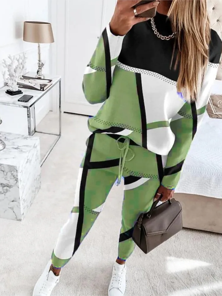 

Casual O-neck Long Sleeve Pullover & Tie-up Long Pant Outfits Women Fashion Colour Blocking 2Pc Suit Casual Loose Tracksuits Set