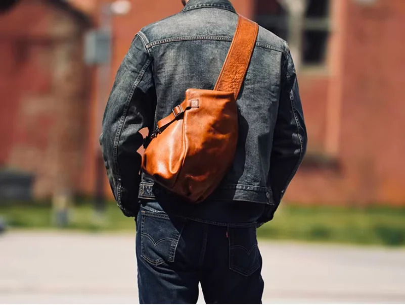 Men's Top Layer Genuine Leather Chest Bag Large Capacity Vegetable Tanned Cowhide Diagonal Cross Bag