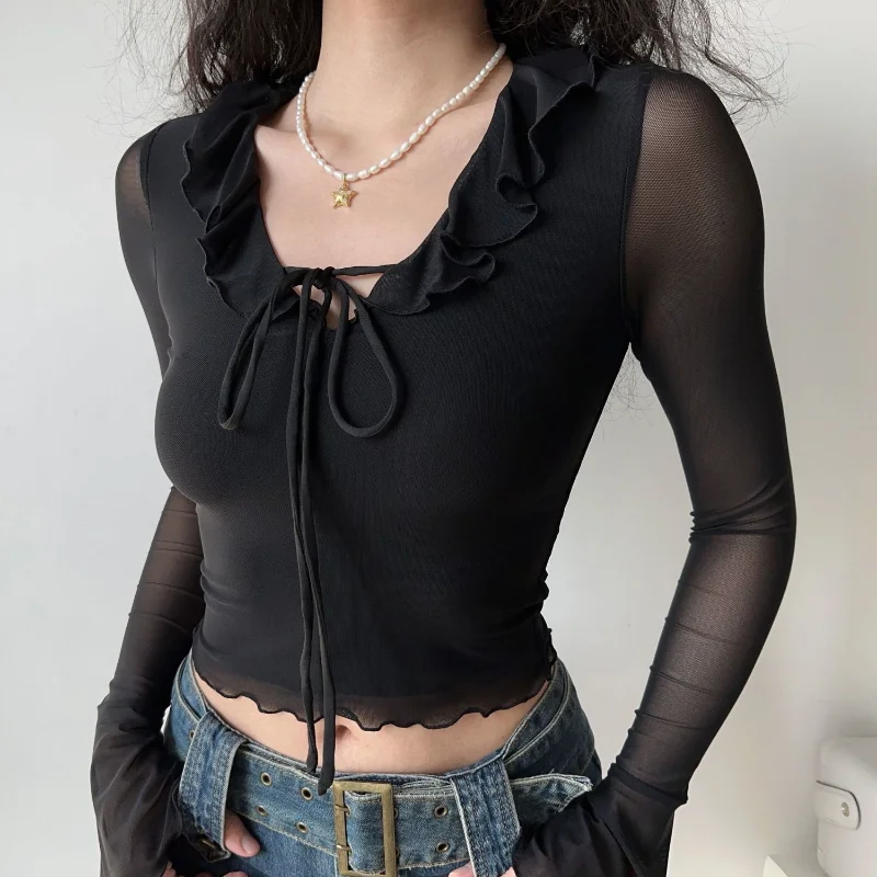 Rüschen T-Shirts Frauen V-Ausschnitt Crop Tops Hotsweet Frühling elegant lässig All-Match Streetwear Vintage koreanischen Stil einfach täglich