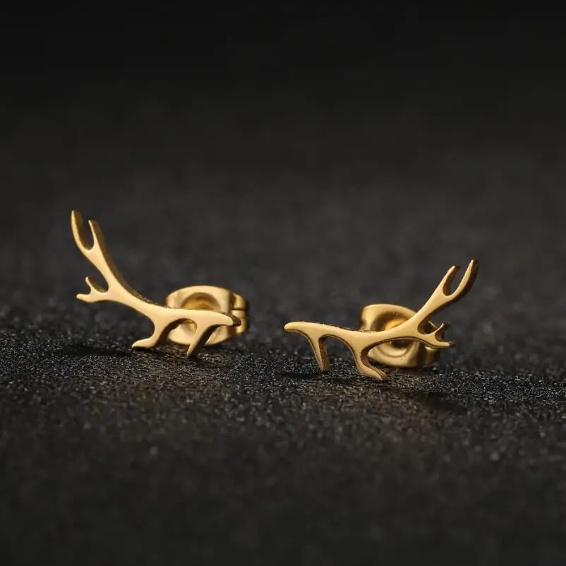 Shuangshuo Vintage Fashion Deer Antler Earrings Stainless Steel Elk Studs Christmas Earrings Xmas Jewelry Gift Ear Accessories