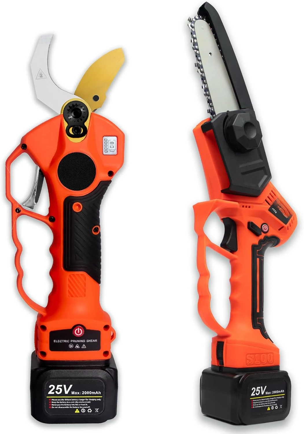 Cordless Pruner Kit, 1.6'' Electric Pruning Shears and 5'' Cordless Mini Chainsaw with 2 Pack 25V Rechargeable Batteries