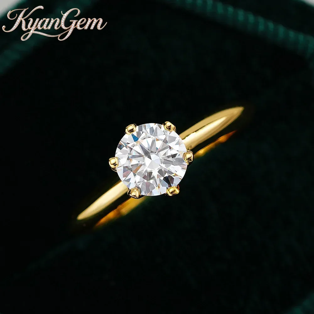 KyanGem Sparkling Six-Prong 100% real 18K gold Ring with Round 1ct/2ct Moissanite stone for Women Fashion Party Charm Jewelry