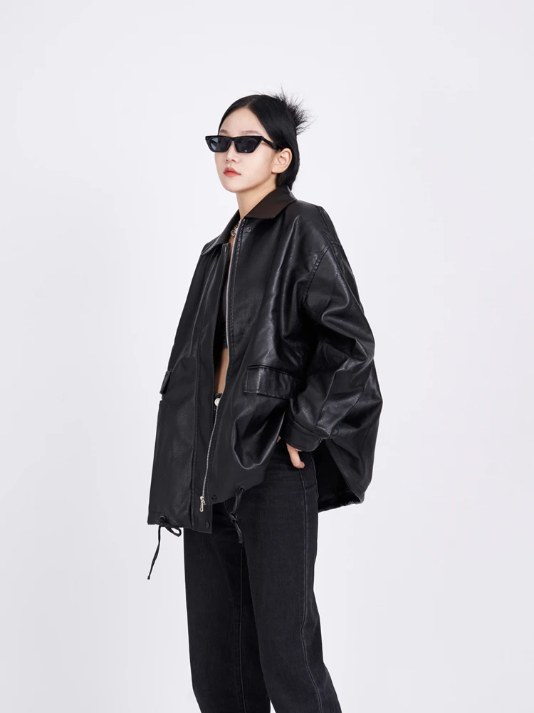 Tawaaiw Unisex Black Pu Leather Coats And Jackets Women Long Sleeve Pocket Turn-down Collar Streetwear American Retro Outerwear