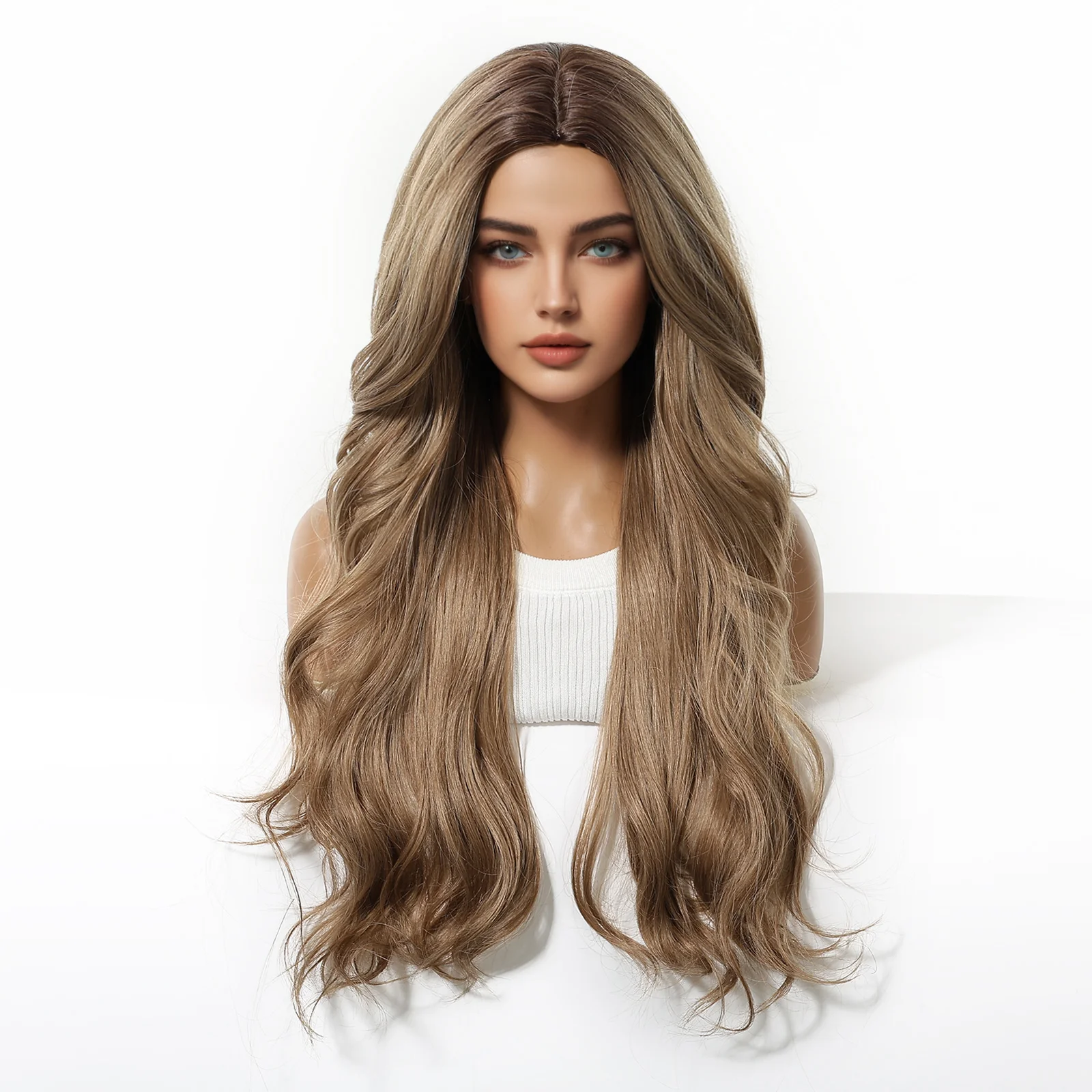 ALAN EATON Light Brown Long Water Wave Synthetic Wigs Middle Part Wig  for Women Daily Party Use Heat Resistant Fiber Hair Natur