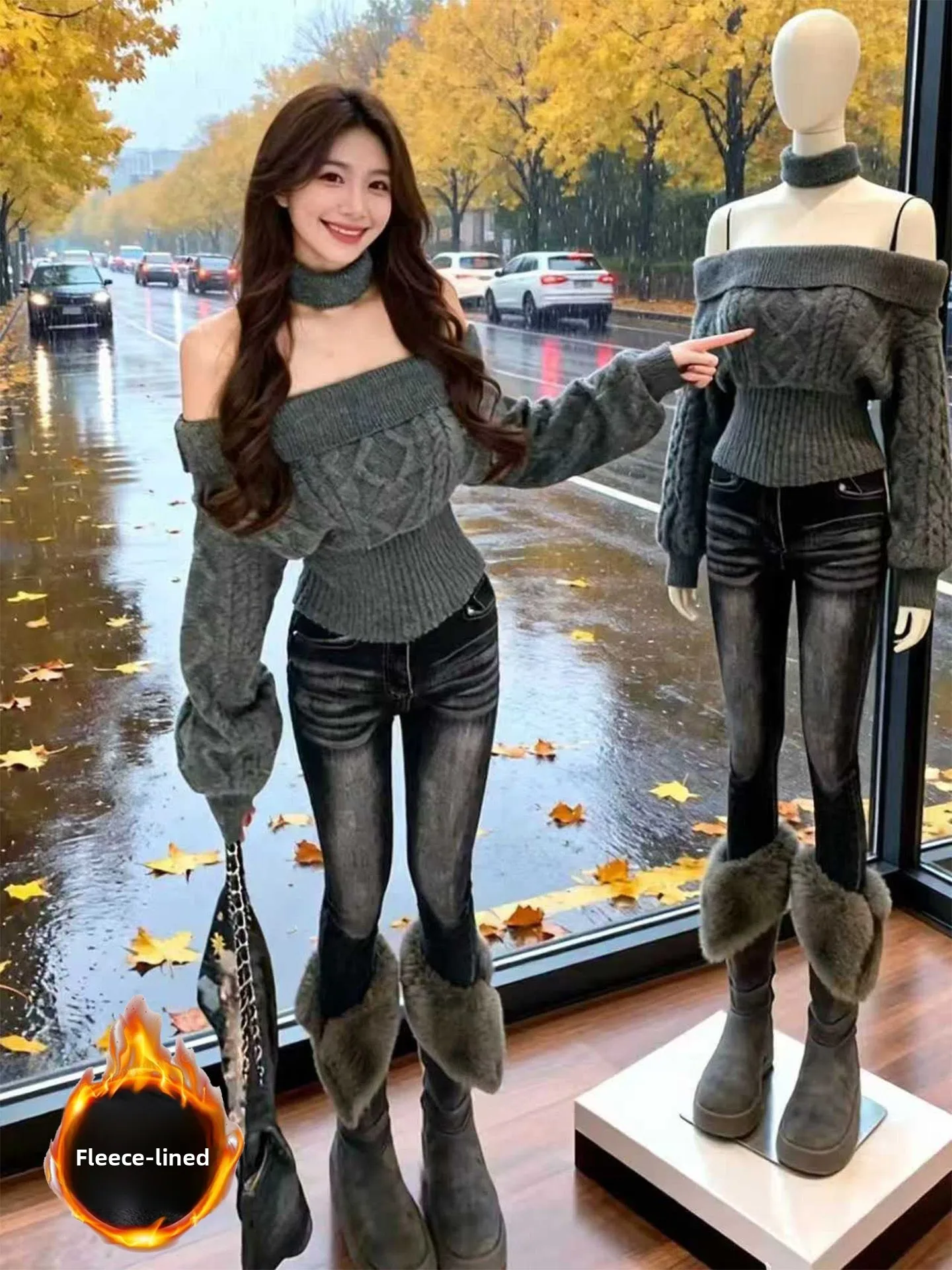 American Sle Super Sli Nine-Five Fitted Pencil Jeans Women's Autumn Winter New Fce-Lined k Wa Slim Fit Pants