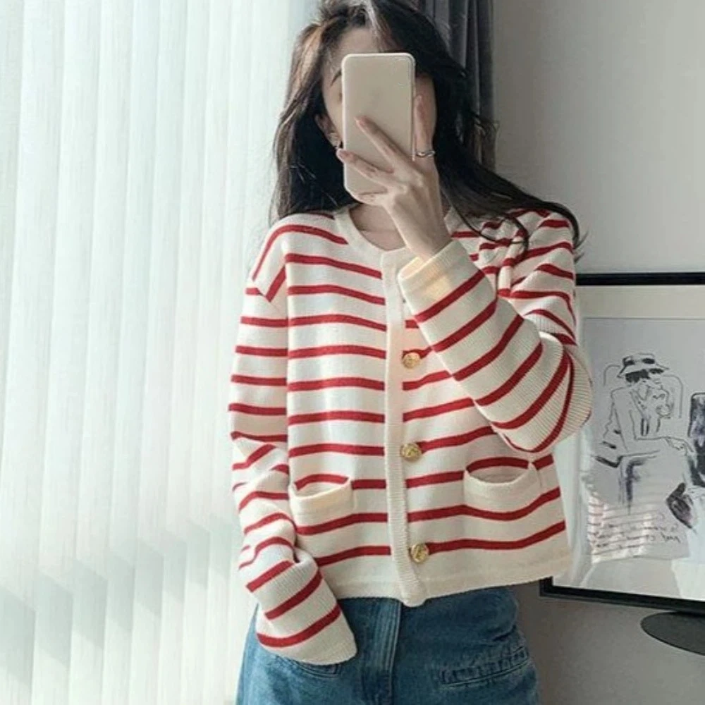 

Long Sleeve Striped Cardigan Shirt Sweaters Preppy Style Single Breasted Crochet Sweaters Round Neck Ladies Short Tops