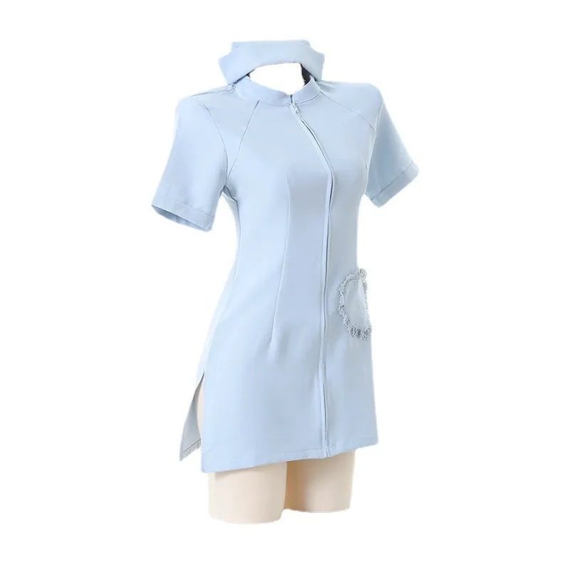 Anime Nurse Cosplay Costume Cute Blue Short Sleeve Dress Uniform with Hat Set for Women Nightdress Home Wear Roleplay Outfit view 4