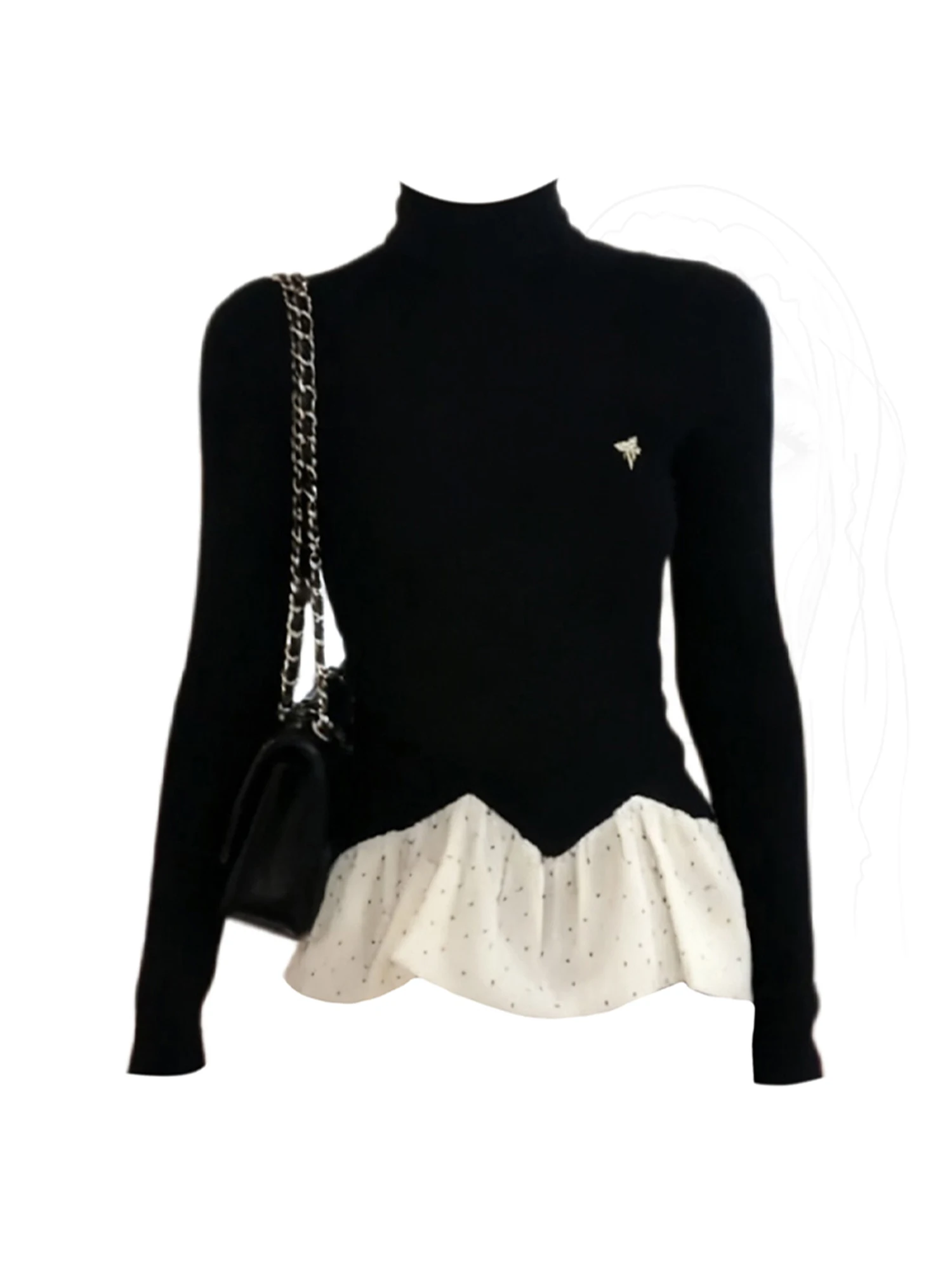 

Women Black Gothic Emo T-shirt Y2k Gyaru Patchwork Tee Top 2000s Vintage Long Sleeve Oversize Turtleneck Knit T-shirts Clothes