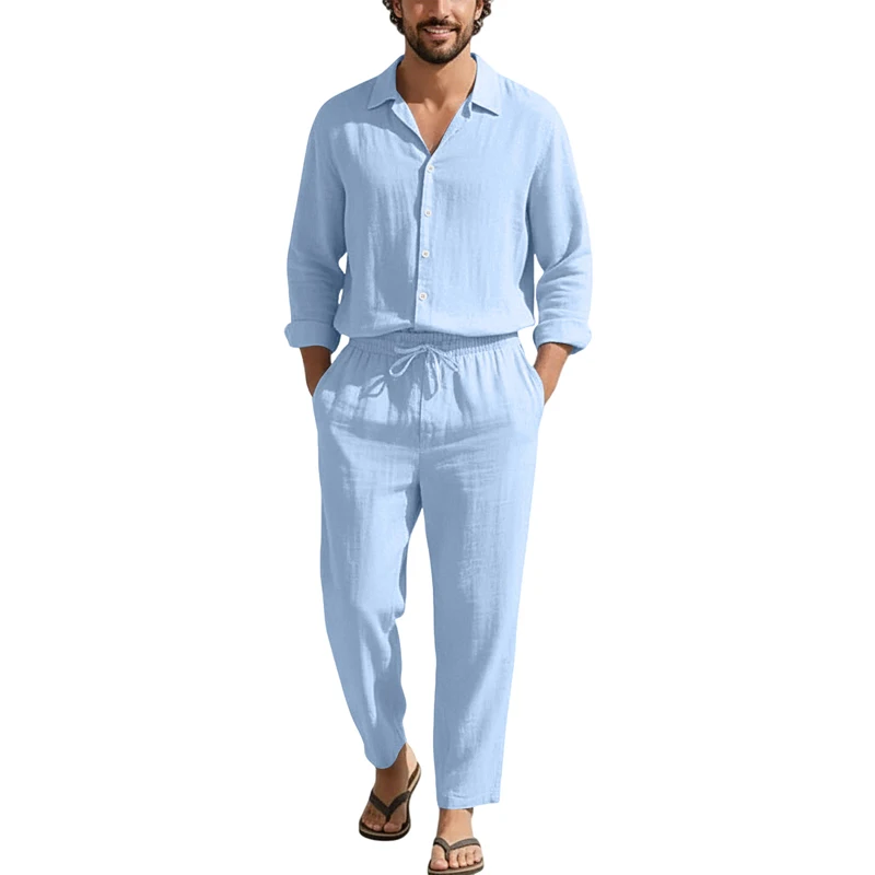 

Spring Summer Linen Casual Sets Loose Beach Long Sleeve Shirt+Long Pants Solid Color Breathable Turn Down Collar Fashion Sets