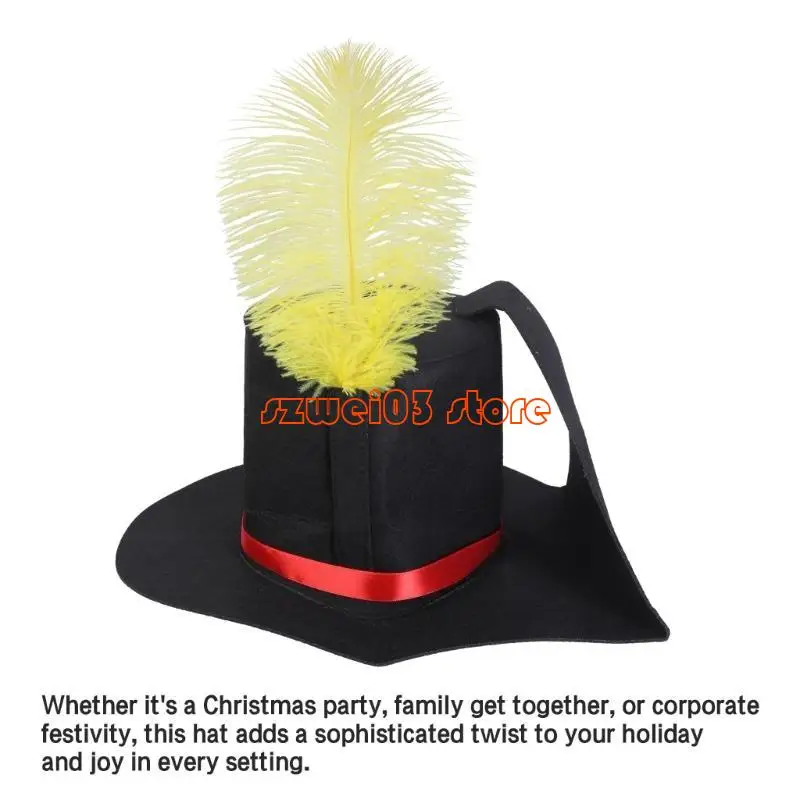 D46C Versatile Black Christmas Hat with Feathered Detailing for Caroler Snowman
