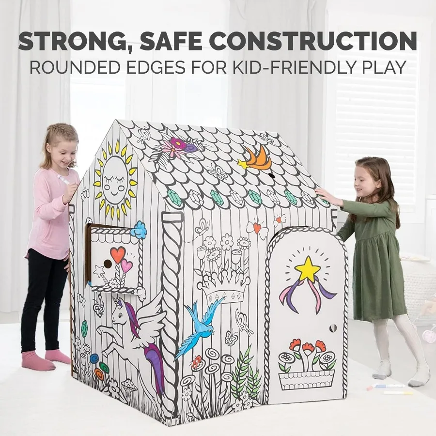 유니콘 플레이하우스의 플레이 컬러에서 은행가 상자 카드보드 플레이하우스 및 가족을 위한 실물 크기 공예 활동