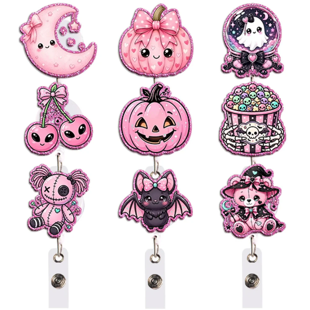 Cute Pink Halloween Badge Reel Retractable ID Holder Kawaii Ghost Dog Witch Spooky Gift for Party Cosplay Concert Festival