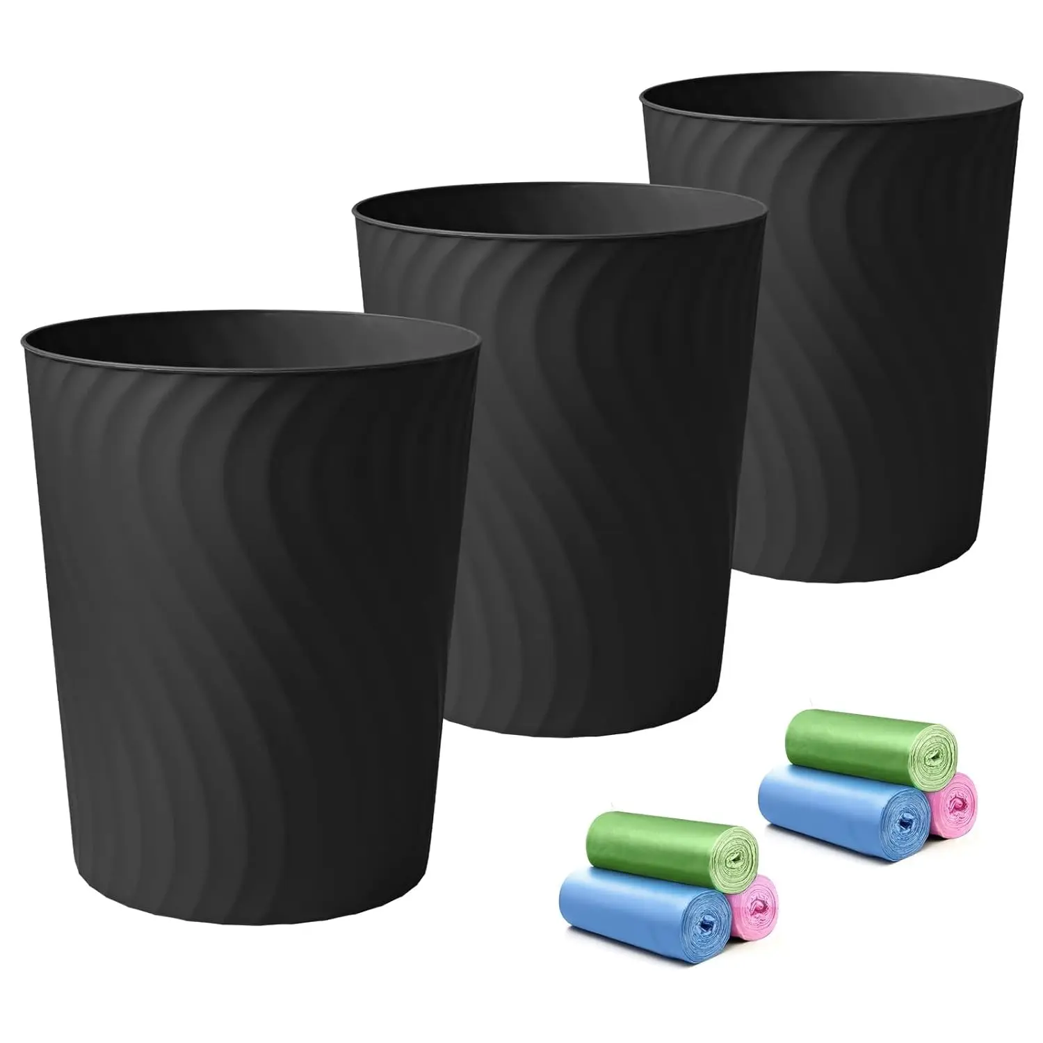

3-Pack Slim Trash Can, 1.8 Gallon Small Waste Basket for Bathroom, Kitchen, Office, Dorm - Black