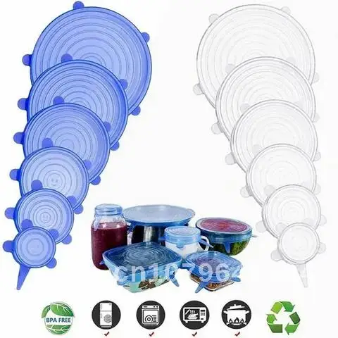 6 Pieces of Silicone Food Fresh-Keep Sealing Cap Vacuum Stretch Reusable Food Packaging Cover Kitchen Silicone Lid