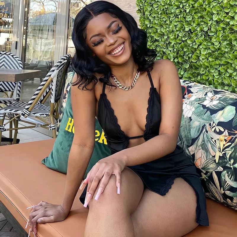 فساتين قصيرة مثيرة للفتيات بحمالات رفيعة فساتين نسائية بفتحة رقبة شكل v عميقة بدون ظهر فستان بفتحة على الورك ملابس خروج للحفلات والنوادي #3