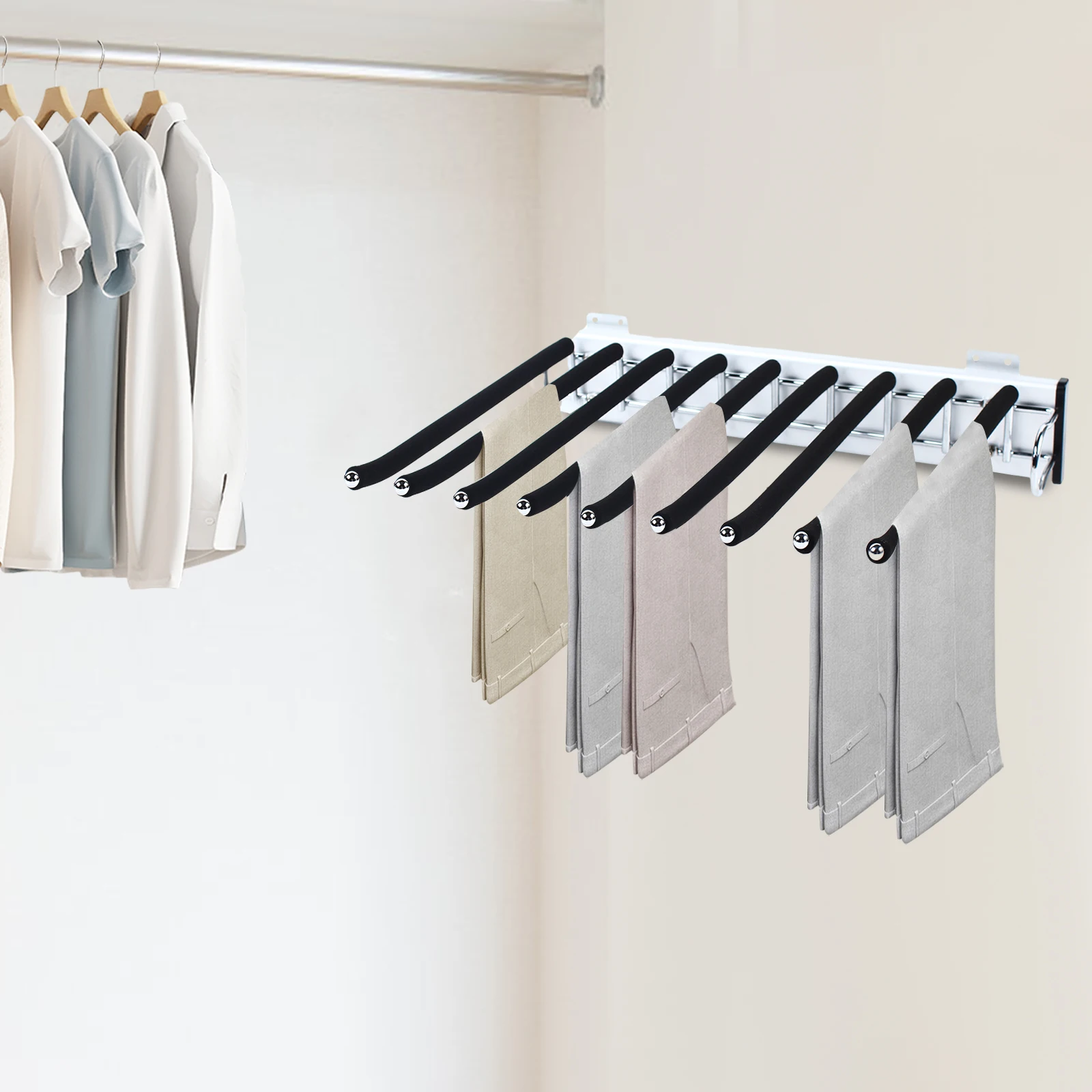 Stainless Steel Trouser Hanger Clothes Rail Extendable Non-Slip Trousers Hanger 9 Bars for Wardrobe Space Saving (Right)