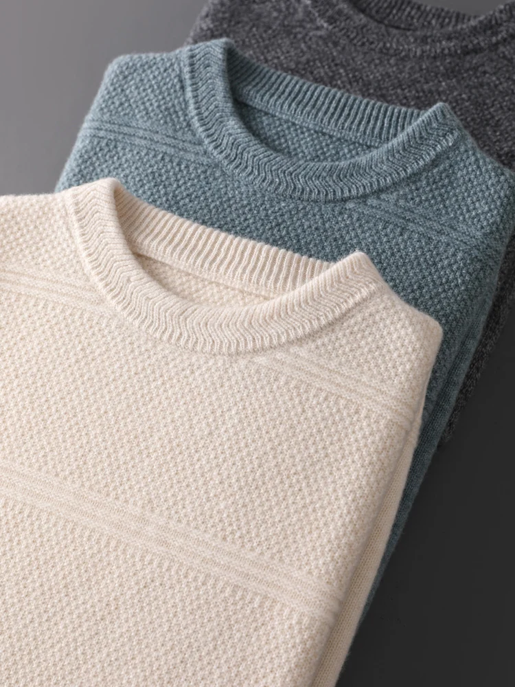 100% Merino Wool Pullover Sweater Knitted Jacquard Men's O-neck Solid Color Casual  Clothing Autumn Winter Long Sleeve Warm Tops