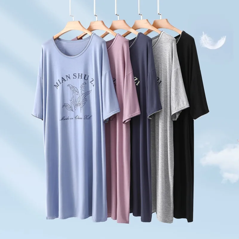 Spring Summer Modal O-Neck Sleepdress Short Sleeve Mid-Length Women's Loose Dress Plus size Casual Letters Print Nightgown