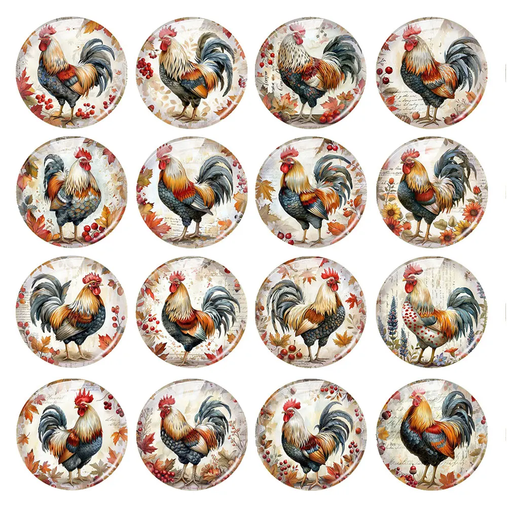 Random Mixed Round/Oval/Square Vintage Autumn Rooster Farm Photo Glass Cabochon Flatback Demo Cameo For Diy Jewelry Making